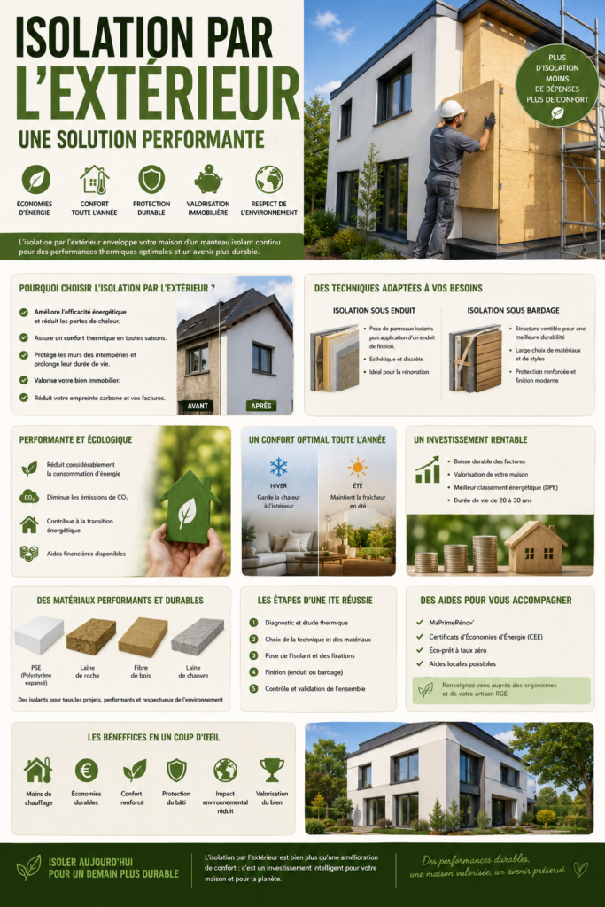 Maison en cours d’isolation par l’extérieur avec pose de panneaux isolants sur la façade pour améliorer le confort thermique et les performances énergétiques.