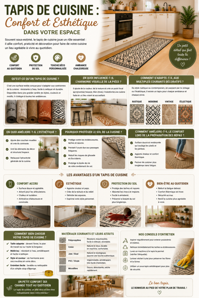 Tapis de cuisine antidérapant devant un plan de travail dans une cuisine moderne, offrant confort, protection du sol et décoration chaleureuse.