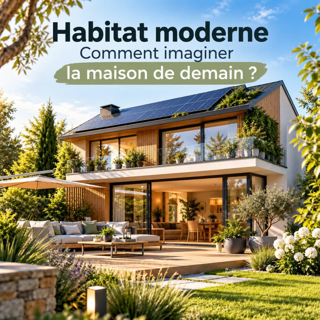Maison contemporaine avec panneaux solaires, grandes baies vitrées et végétation illustrant l’habitat moderne de demain