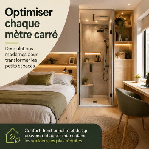 Petit espace moderne avec douche intégrée et aménagement optimisé illustrant les solutions innovantes de l’habitat moderne.