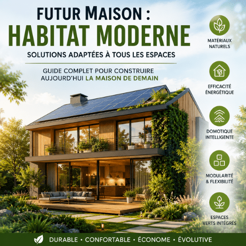 Illustration d’un habitat moderne durable avec panneaux solaires, domotique, matériaux naturels et espaces verts intégrés, mettant en avant les solutions d’avenir pour une maison confortable et éco-responsable
