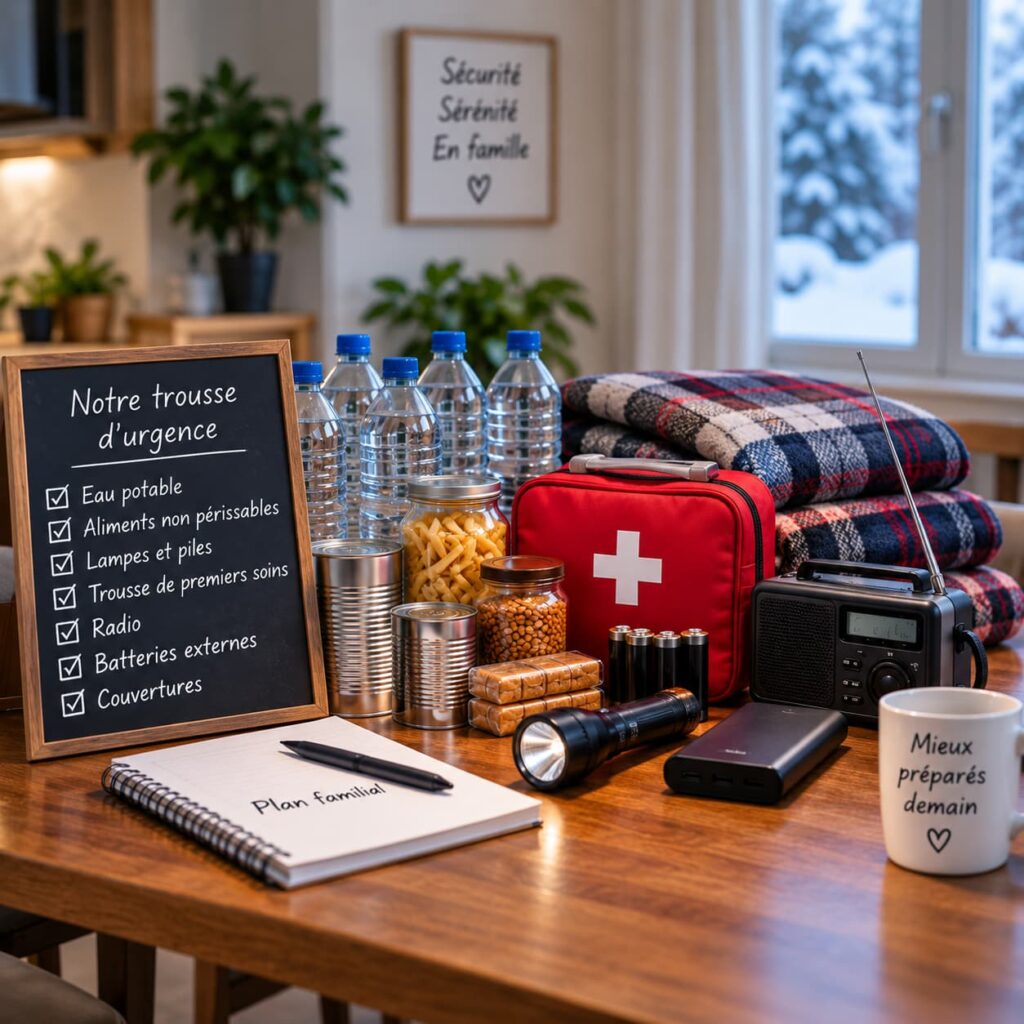 Trousse d’urgence familiale avec eau potable, aliments, couvertures, lampe, radio, piles et matériel pour une panne de courant au Québec