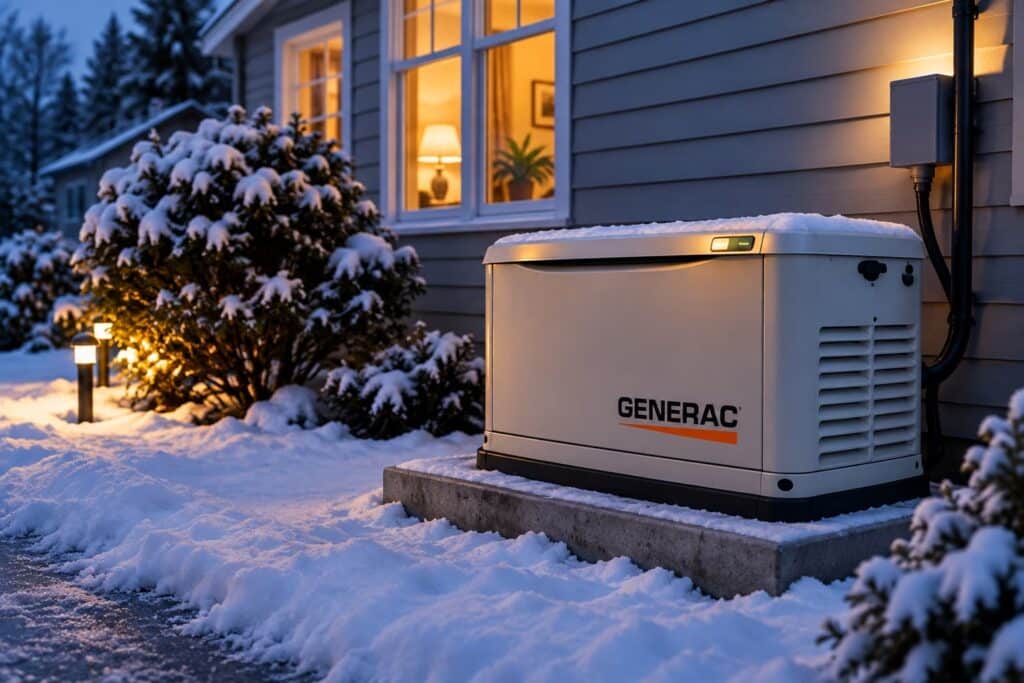 Génératrice résidentielle de secours installée à l’extérieur d’une maison enneigée pendant une panne de courant au Québec