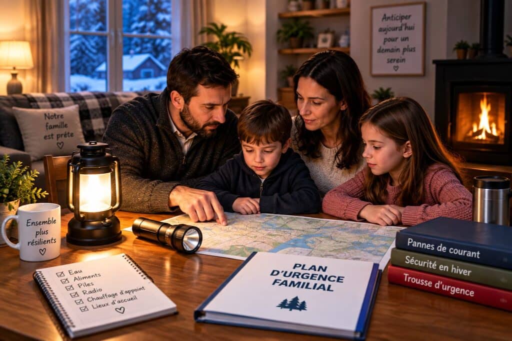 Famille réunie avec enfants autour d’un plan d’urgence, d’une lanterne et de matériel pour se préparer à une panne de courant au Québec