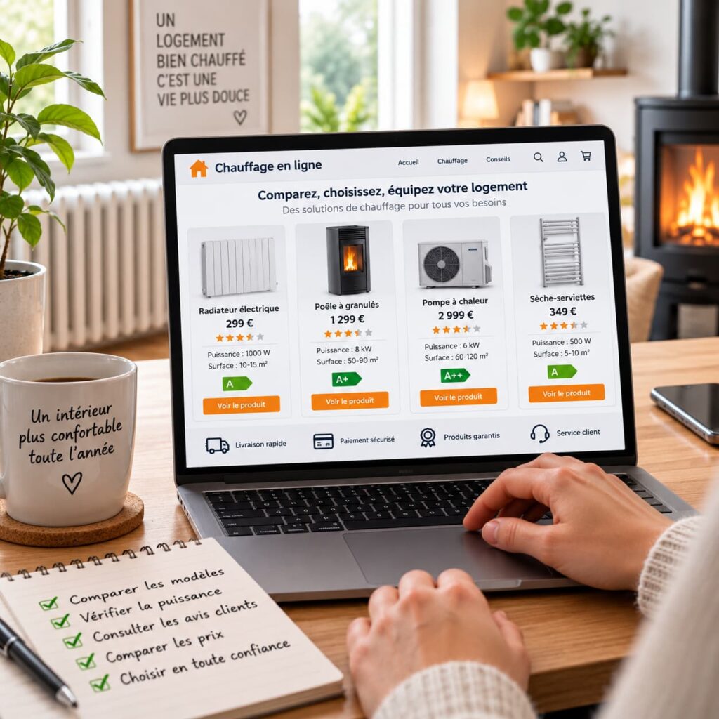 Comparaison de chauffages en ligne sur ordinateur avec radiateur, poêle à granulés, pompe à chaleur, prix et performances énergétiques