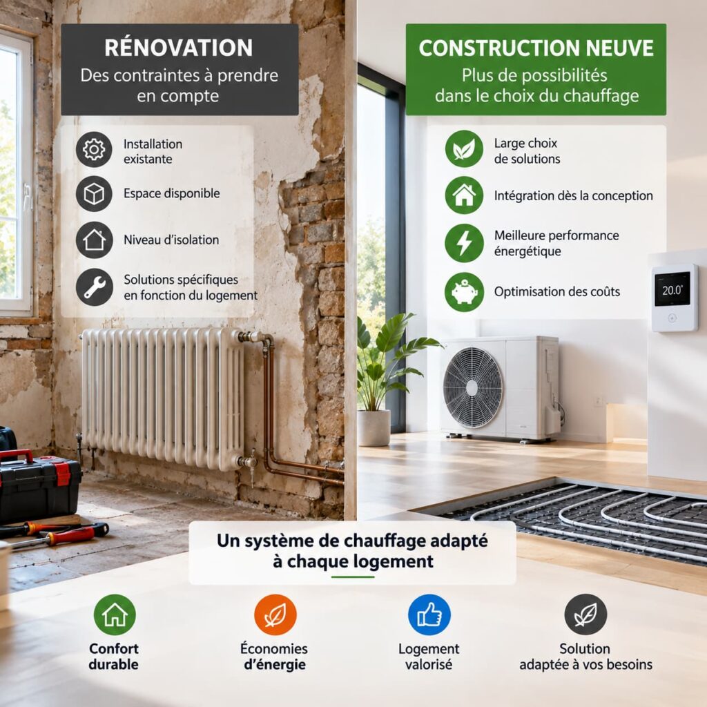 Comparaison des solutions de chauffage pour un logement en rénovation et une construction neuve avec radiateur, pompe à chaleur et plancher chauffant