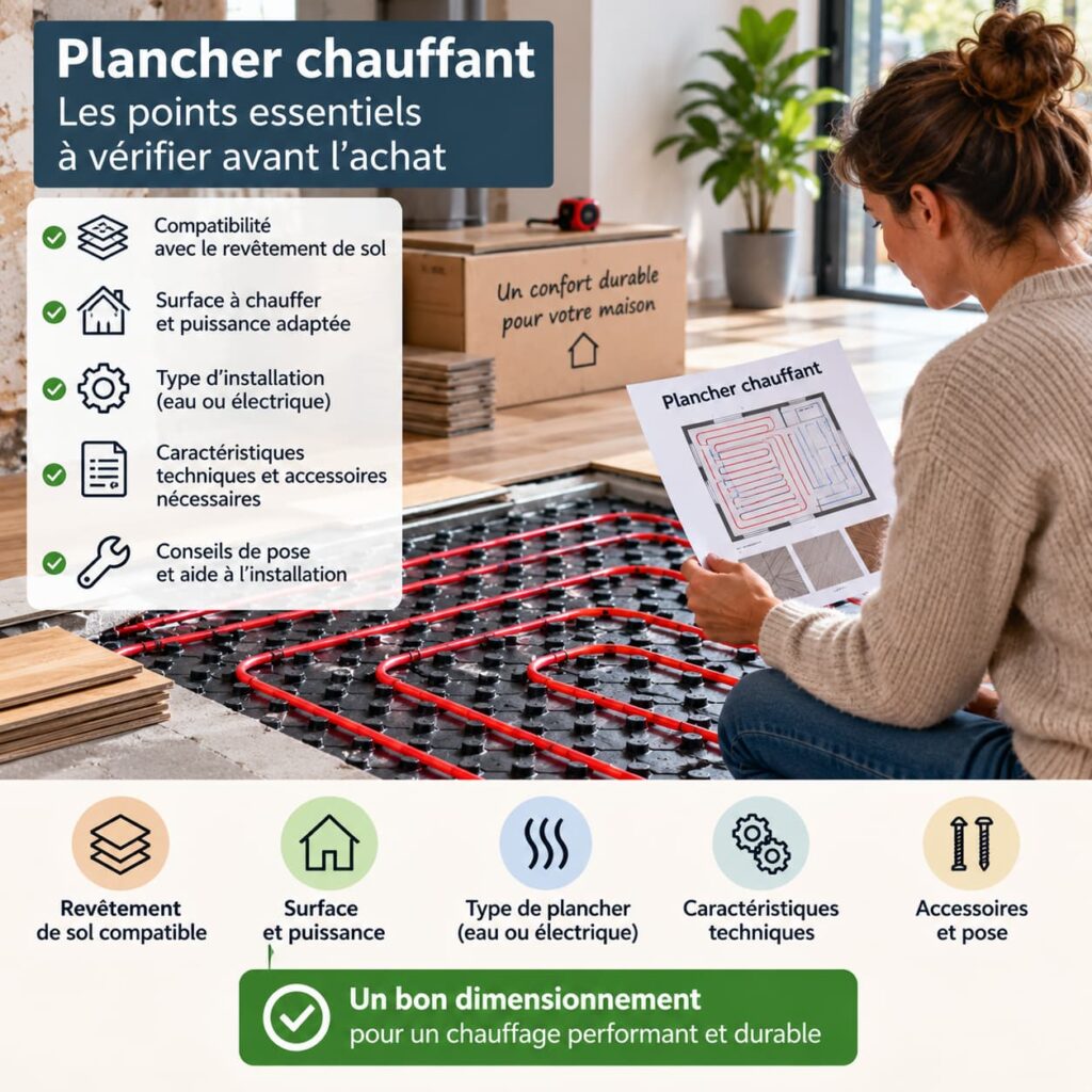 Installation d’un plancher chauffant avec vérification du revêtement de sol, de la surface, de la puissance et des caractéristiques techniques avant l’achat
