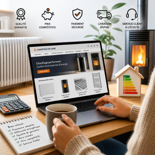 Achat de chauffage en ligne sur ordinateur avec comparaison de systèmes de chauffage dans un intérieur moderne et confortable.