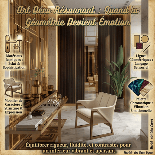 Affiche sur l'Art Déco Résonnant présentant un intérieur luxueux avec des détails sur les matériaux, les lignes géométriques, le mobilier et la palette chromatique.