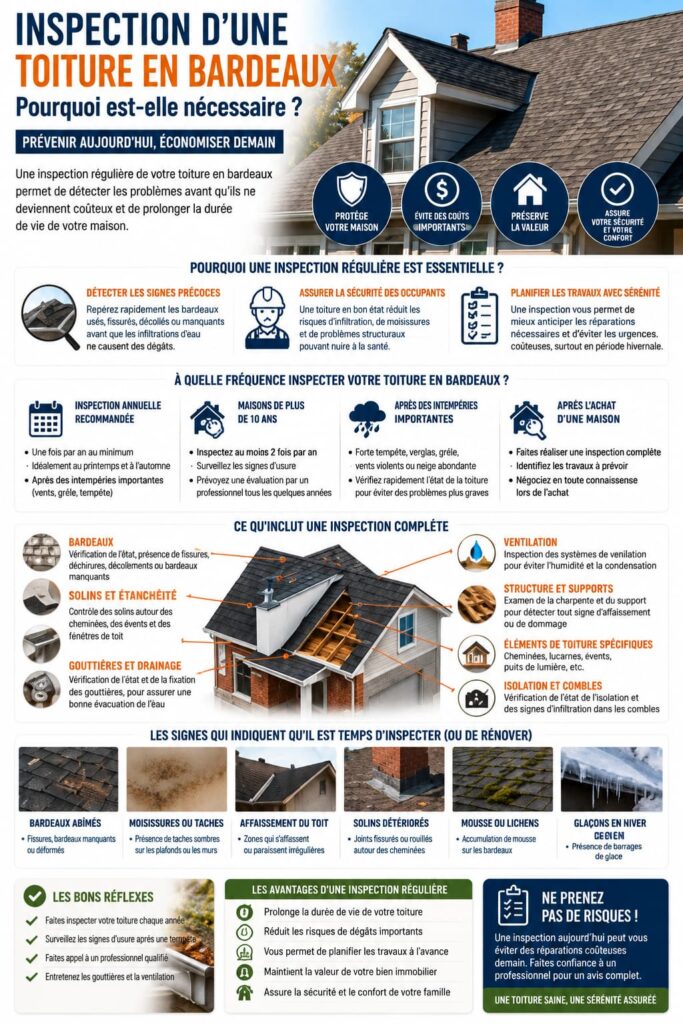 Infographie détaillée sur l’inspection d’une toiture en bardeaux présentant les signes d’usure, les éléments à contrôler, la fréquence des vérifications et les gestes d’entretien préventif