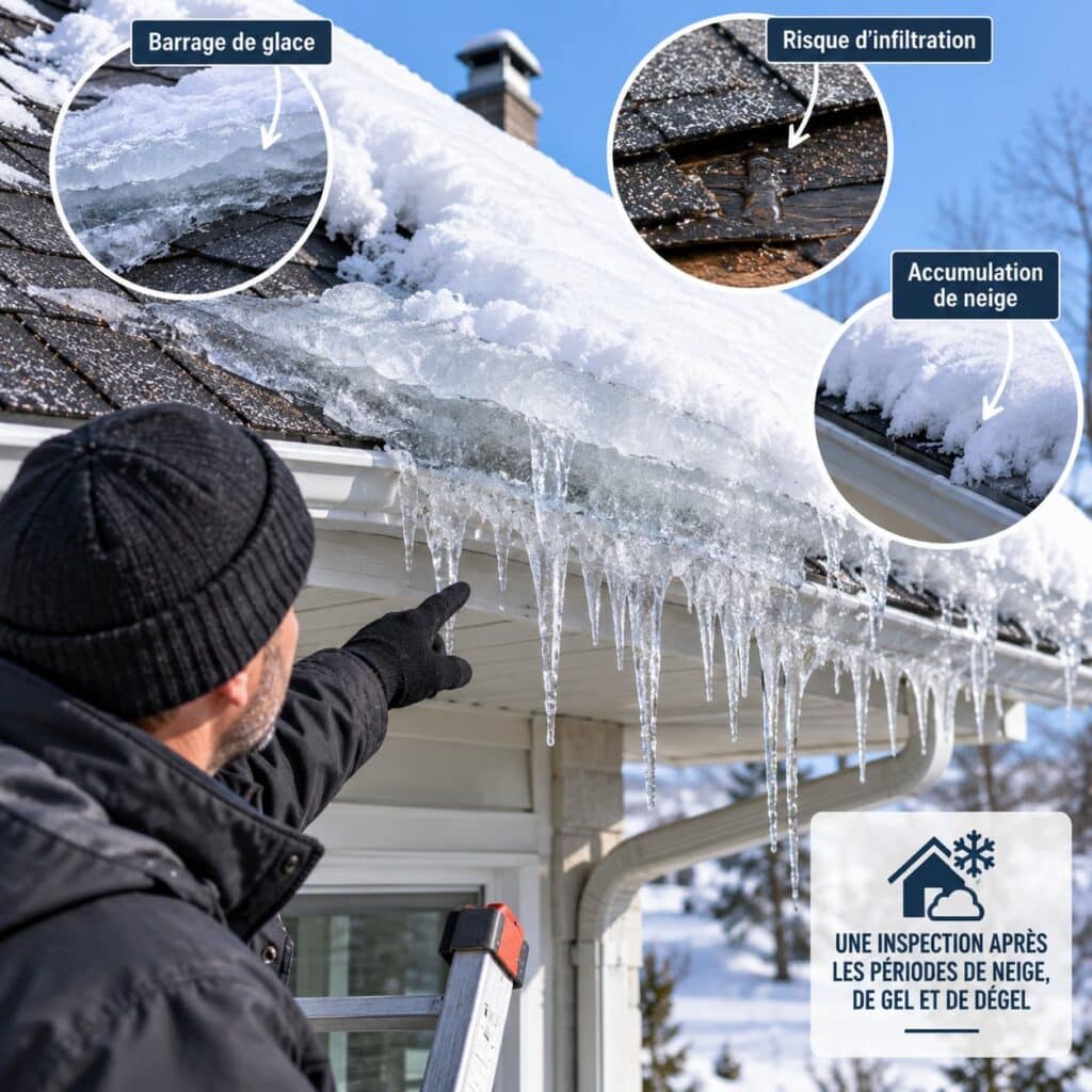 Inspection d’une toiture en bardeaux enneigée montrant un barrage de glace, une accumulation de neige et les zones exposées aux risques d’infiltration d’eau