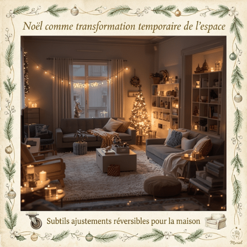 Salon chaleureux aménagé pour les fêtes avec une décoration modulable et temporaire.