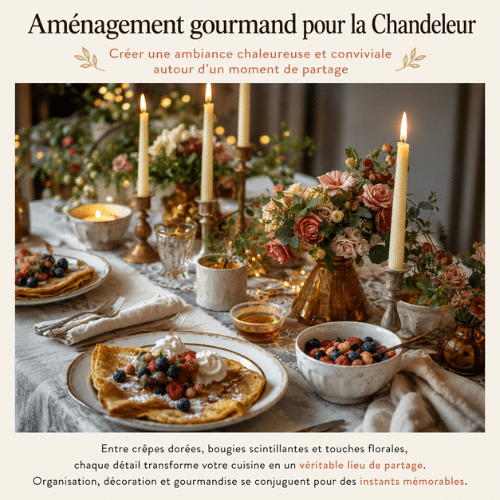 Aménagement gourmand pour la Chandeleur avec table festive, crêpes maison, décoration florale et éclairage aux bougies illustrant une atmosphère chaleureuse et conviviale.