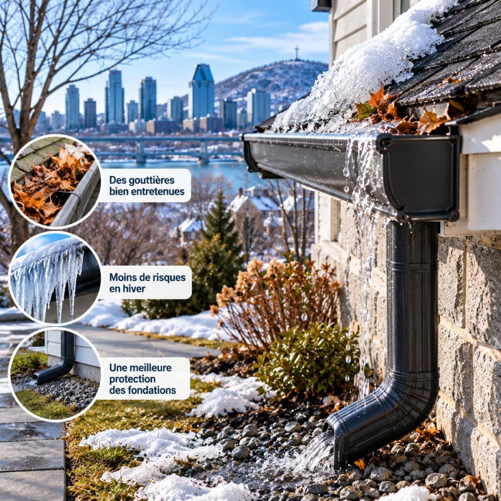 Gouttières d’une maison à Montréal en hiver avec neige, glace, feuilles et évacuation de l’eau loin des fondations