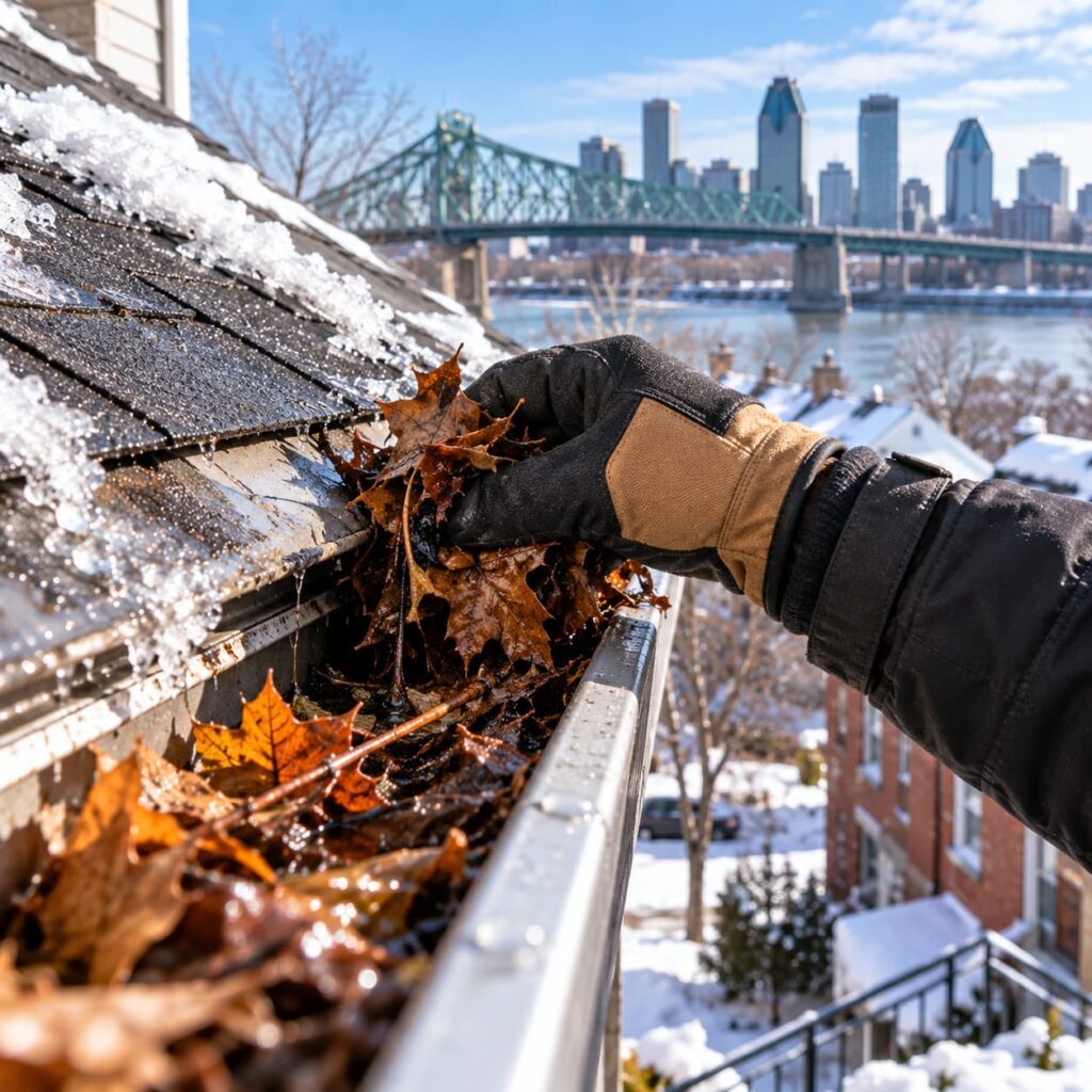 Nettoyage d’une gouttière obstruée par des feuilles en hiver à Montréal pour rétablir l’évacuation de l’eau