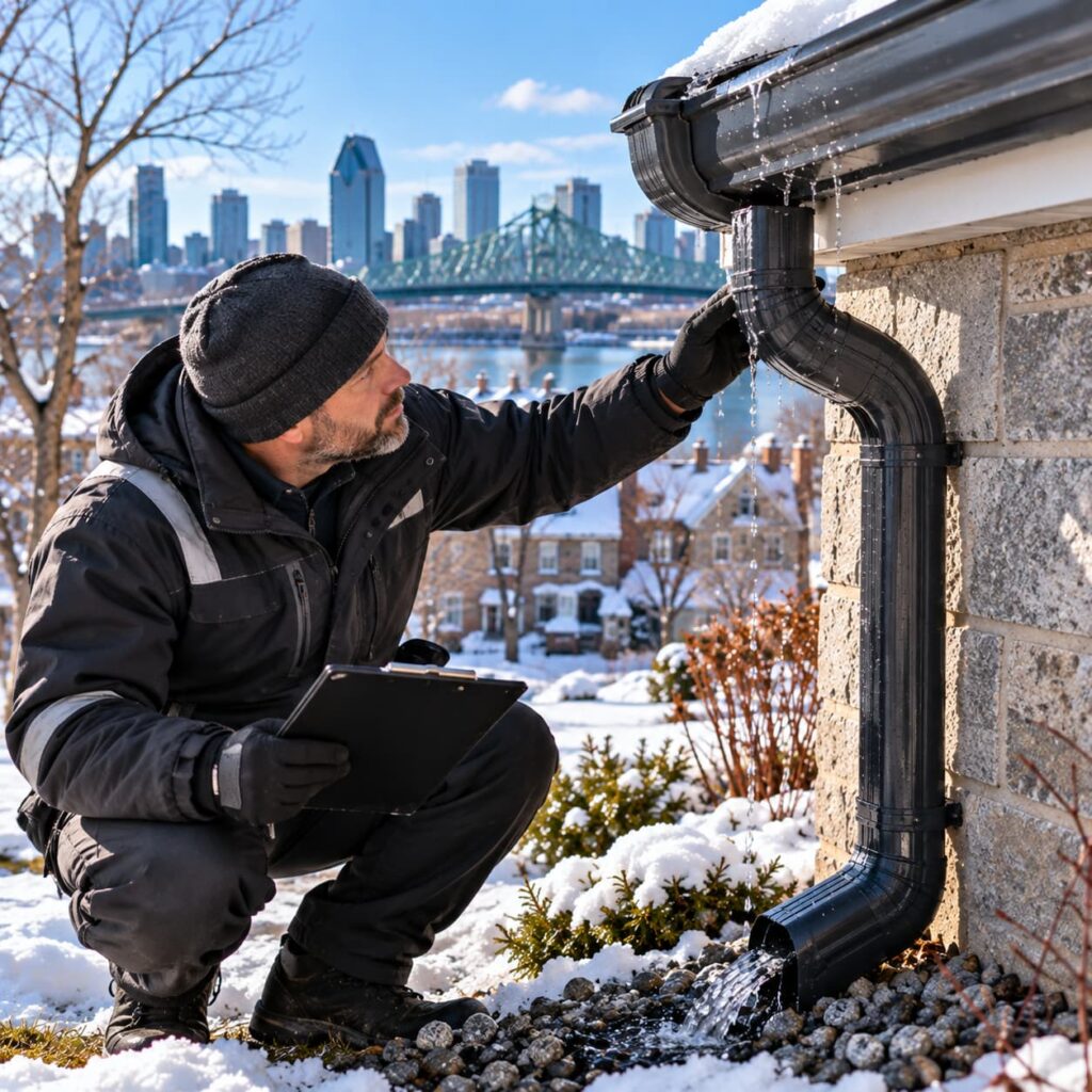 Professionnel inspectant une gouttière et une descente pluviale en hiver à Montréal pour repérer une fuite ou une déformation