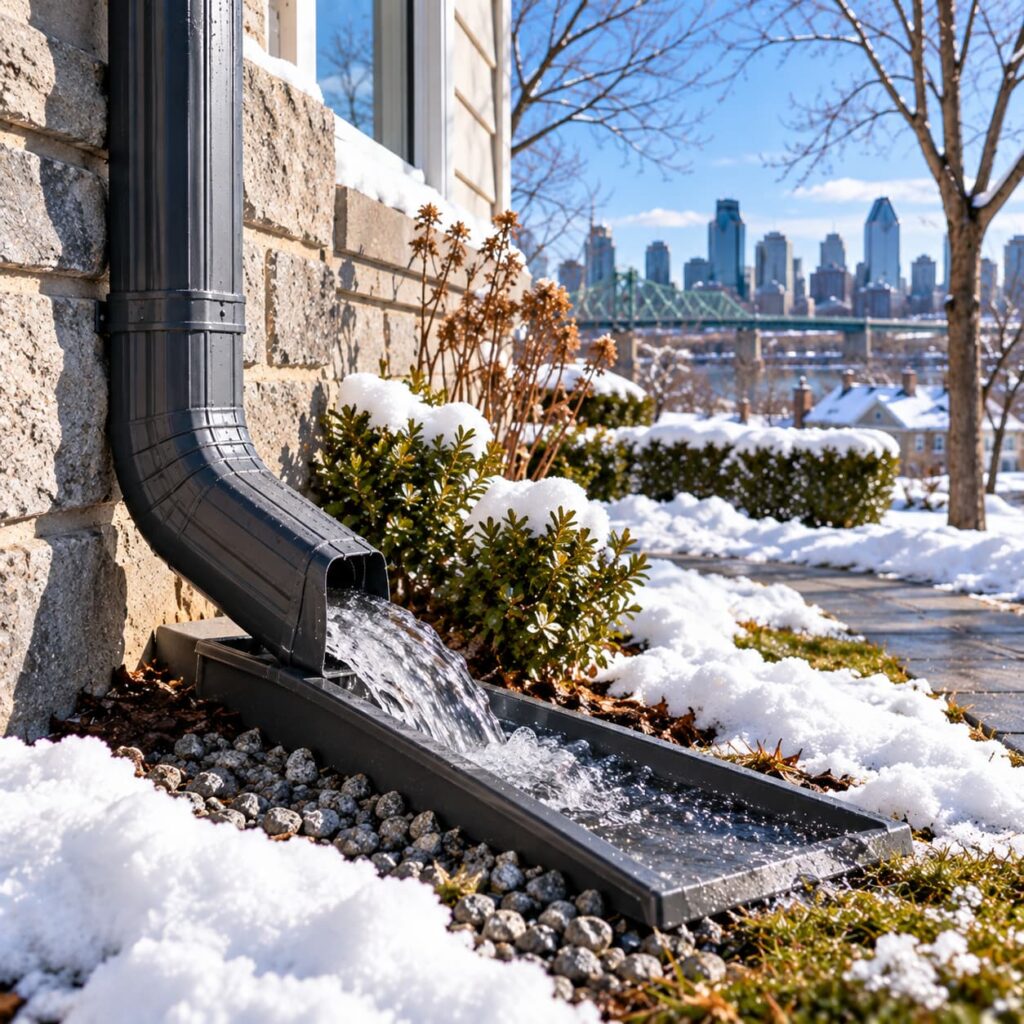 Descente de gouttière évacuant l’eau loin des fondations d’une maison à Montréal vers une zone perméable