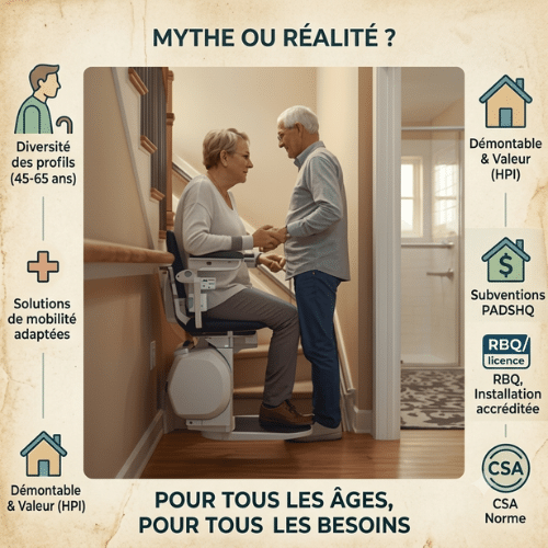 Infographie sur l'accessibilité résidentielle : monte-escalier, subventions PADSHQ, normes RBQ et valeur immobilière.