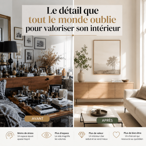 Comparaison avant/après d’un salon : à gauche un espace encombré, à droite un intérieur minimaliste, lumineux et épuré mettant en valeur les volumes.