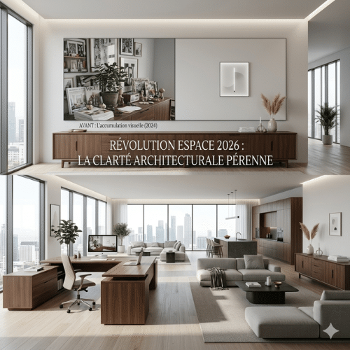 Grand espace de vie ultra moderne et lumineux en deux mille vingt six montrant la révolution de la clarté architecturale pérenne face à l accumulation visuelle