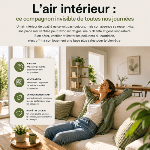 Salon lumineux et bien ventilé illustrant l’impact de la qualité de l’air intérieur sur le confort et le bien-être des occupants.