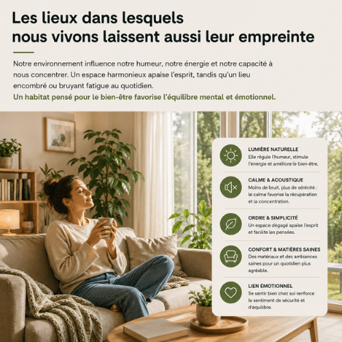 Habitat confortable et lumineux illustrant l’impact du cadre de vie sur le bien-être émotionnel, le confort et la qualité de vie au quotidien.