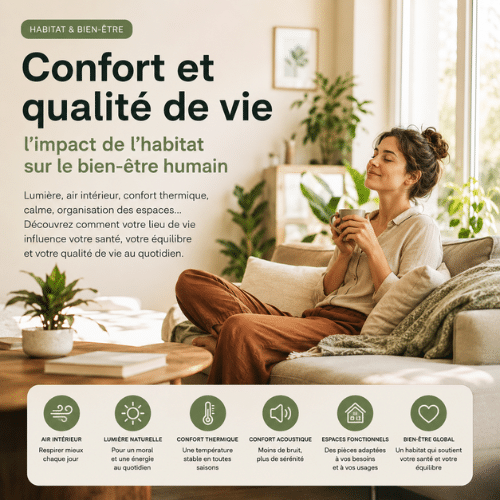 Confort et qualité de vie : intérieur lumineux illustrant l’impact de l’habitat sur le bien-être humain et l’équilibre au quotidien.