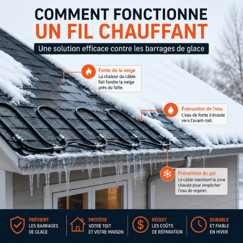 Schéma illustrant le fonctionnement d'un fil chauffant de toiture pour prévenir les barrages de glace, protéger les bardeaux et faciliter l'évacuation de l'eau de fonte en hiver.
