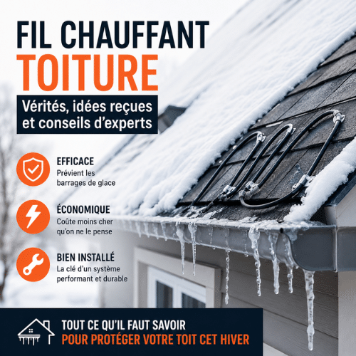Fil chauffant de toiture installé sur un toit enneigé pour prévenir les barrages de glace, protéger les bardeaux et limiter les infiltrations d'eau en hiver.