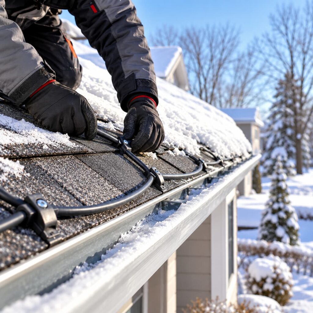 Installation d’un fil chauffant sur une toiture enneigée avec fixation du câble près de la gouttière